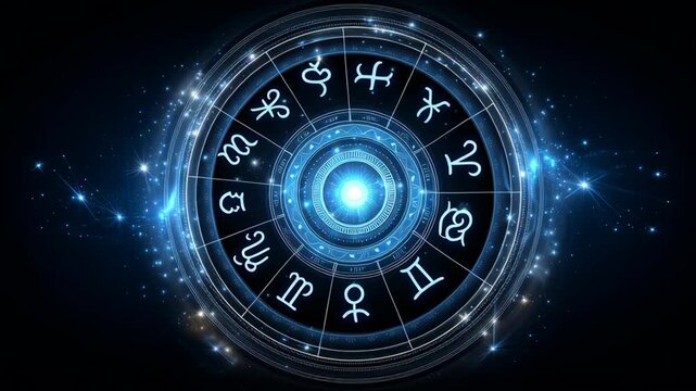Energy and Horoscope concept ,mystic zodiac wheel glowing with astrological symbol star portal cosmic blue aura celestial wheel
