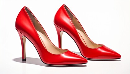 Describe glossy red stiletto heels with pointed toes on a reflective white surface. Highlight their vibrant color, elegant shape, and soft floral background for fashion or retail presentation.