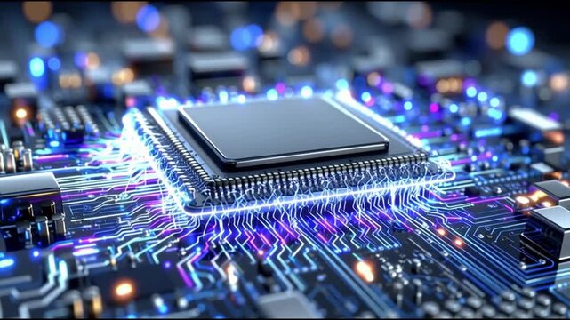Next Gen CPU. Microarchitecture. RISC-V. Nanotechnology. Chiplet design. ARM processors. A close-up view of a futuristic microchip on a circuit board.