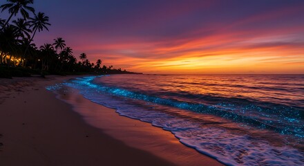 Obraz premium Bioluminescent waves at sunset