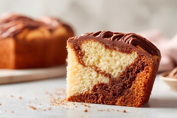 Marble loaf cake slice on a textured surface, showcasing swirled vanilla and chocolate sponge with chocolate frosting