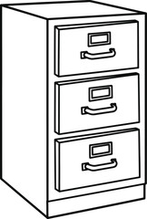 Black and white line art drawing of a three drawer filing cabinet for coloring fun isolated on transparent background , line art illustration for children's simple coloring book
