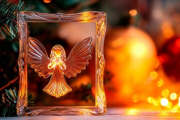 Glass angel ornament with internal LED glow surrounded by festive evergreen and warm lights