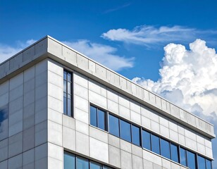 Modern light gray building against a partly cloudy sky