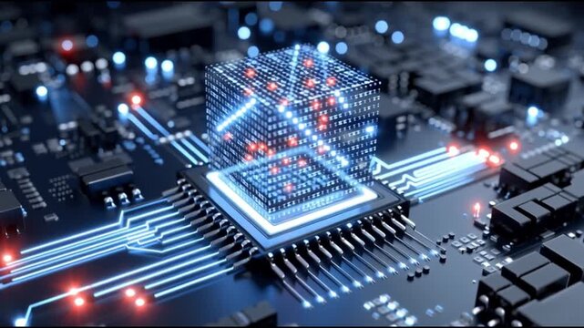 Next Gen CPU. Microarchitecture. RISC-V. Nanotechnology. Chiplet design. ARM processors. A futuristic microchip with glowing components on a circuit board.