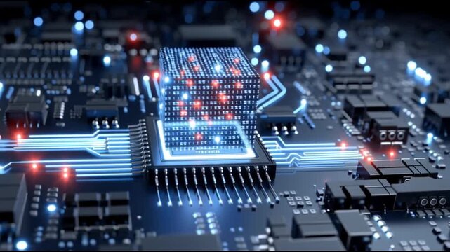 Next Gen CPU. Microarchitecture. RISC-V. Nanotechnology. Chiplet design. ARM processors. Futuristic computer chip on a circuit board with glowing connections.