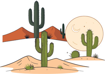 Minimalist desert landscape illustration with cactus mountains moon and sand dunes vector art for decorative poster wallpaper textile and modern packaging design