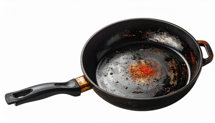 Describe a black non-stick frying pan with a handle, circular heat pattern, and red heat indicator on a white background. Highlight its used state, cooking utility, and modern kitchen design.