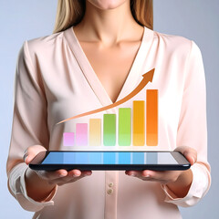 A person holding a tablet showing a graph with a clear upward
