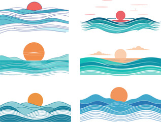 Minimalist sunset and sunrise ocean waves illustration with abstract sea landscape colorful horizon vector art for summer travel beach vacation and modern design