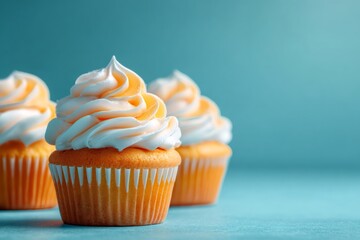 Vanilla cupcakes topped with creamy frosting, symbolizing indulgence, celebration, and bakery delights
