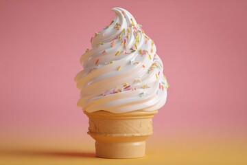Creamy vanilla soft serve ice cream in a waffle cone topped with colorful sprinkles, sitting on a vibrant pink and yellow background