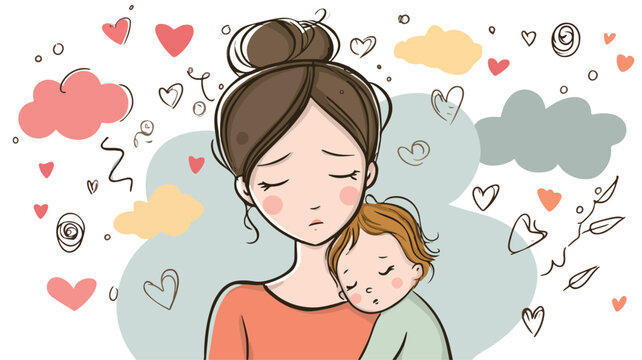 Postpartum Depression Cartoon Illustration: Motherhood Challenges and Mental Health Support