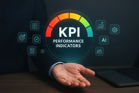 shot showing a hand presenting a vibrant digital interface displaying key performance indicators, with glowing, colorful elements that signify achievement, with a laptop subtly included.