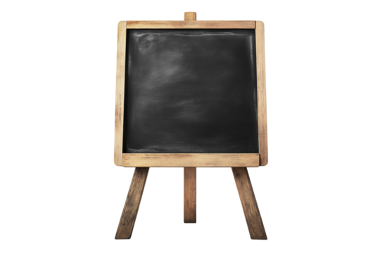 Blank Wooden Chalkboard on Standing Easel Isolated on Transparent Background. Blank Blackboard on Wooden Easel Isolated PNG.