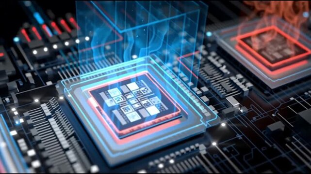 Next Gen CPU. Microarchitecture. RISC-V. Nanotechnology. Chiplet design. ARM processors. Futuristic circuit board with glowing chips and heat effects.