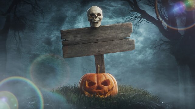 Spooky Halloween Night Scene with Pumpkin Skull and Wooden Sign in a Dark Forest Setting