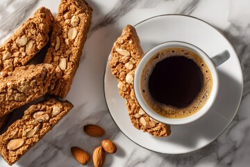 Biscotti cookies with almond pieces arranged alongside a cup of black coffee, resting on a white marble surface