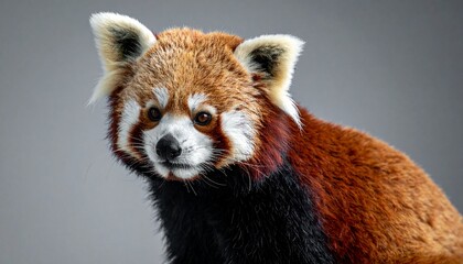 A cute red panda bear (Ailurus fulgens) is an endangered mammal resting in a tree at the zoo