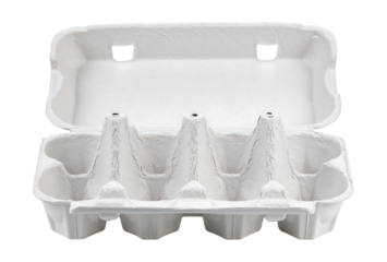 Empty white cardboard egg carton with lid open isolated on black