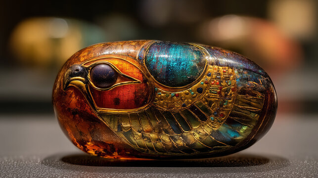 Ancient Egyptian-style scarab amulet with intricate detailing and iridescent gemstone inlays displayed in a museum setting
