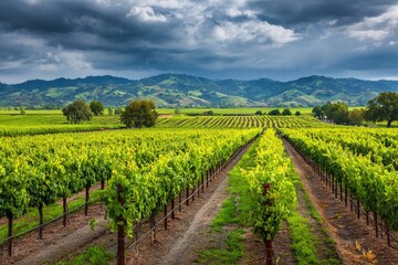 Naklejka premium Green vineyard fields stretching towards scenic hills under cloudy sky