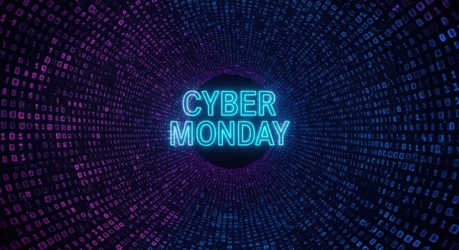 Neon cyber monday sign glowing in digital tunnel
