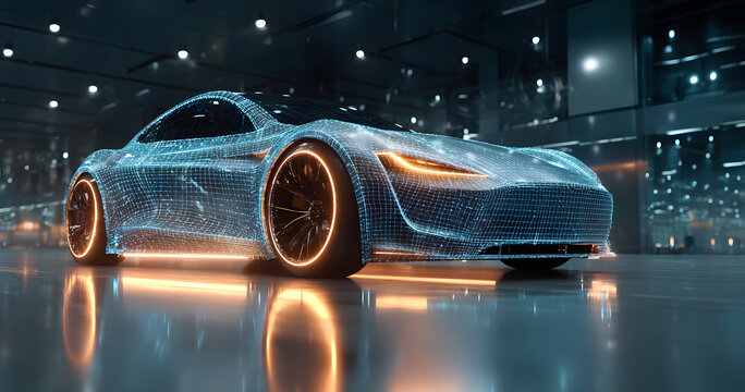 Displaying 3D wireframe car model navigating virtual grid environment, featuring dot mesh walls