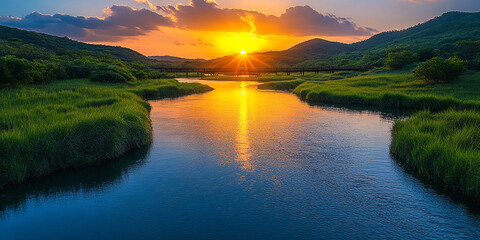 Stunning sunset over tranquil river, surrounded by lush greenery