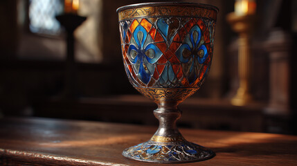 Ornate medieval chalice with stained glass-style enamel design, displayed in a historic church interior
