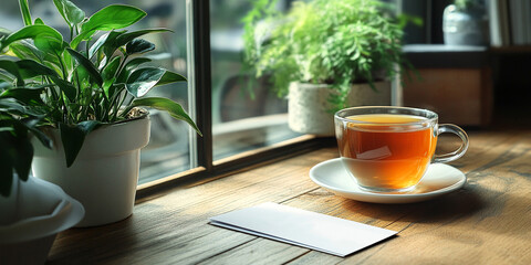 cozy scene featuring cup of tea beside green plants on wooden table