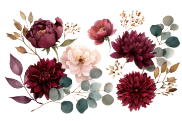 Elegant Burgundy and Gold Floral Clip Art for Wedding Textiles