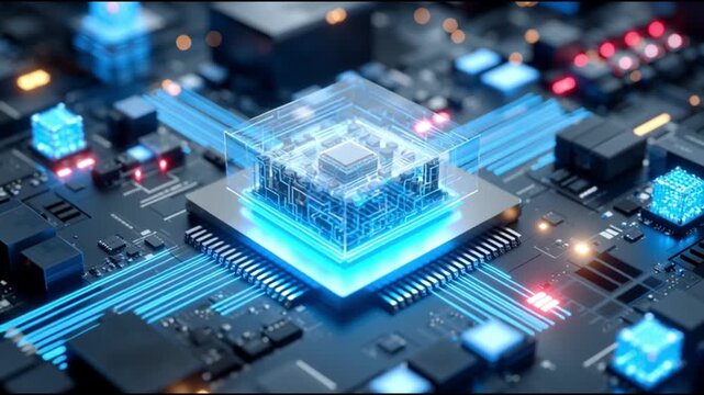 Next Gen CPU. Microarchitecture. RISC-V. Nanotechnology. Chiplet design. ARM processors. A futuristic microchip with glowing elements on a circuit board.