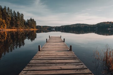 Obraz premium Wooden pier extending into calm lake at sunrise