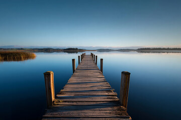 Fototapeta premium Wooden pier extending into calm lake at sunrise