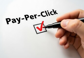Hand with marker ticking a checkbox next to payperclick text, isolated on white background