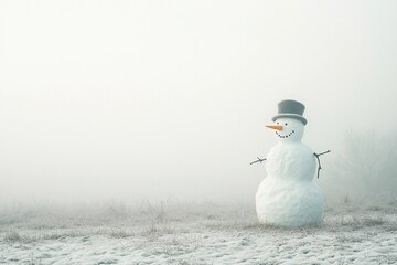 Snowman stands alone in a misty fog on a cold winter morning, surrounded by a quiet landscape