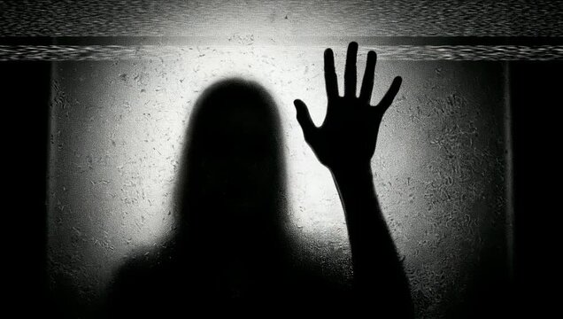Eerie Silhouette Behind Frosted Glass: Ghostly Figure, Mysterious Hand, Horror, Static, Fear, Dark Mood, Supernatural, Paranormal