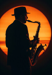 a saxophonist playing his instrument against a bright orange circle, resembling a sunset or a stage spotlight.