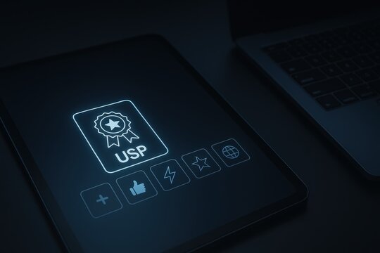 Illuminated tablet screen showcasing a glowing "USP" badge alongside other social media style icons, with a laptop positioned nearby, all against a dark, minimalist background, highlighting the...