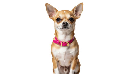 Isolated Chihuahua dog portrait with a pink collar looking directly at the camera, cute pet