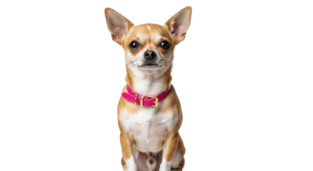 Isolated Chihuahua dog portrait with a pink collar looking directly at the camera, cute pet