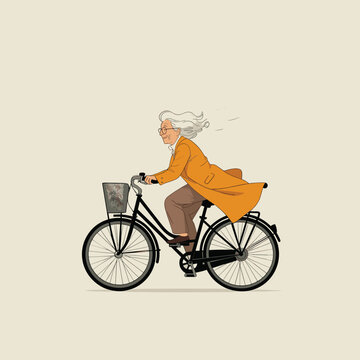 Elderly Woman Cycling in Vintage Style Illustration