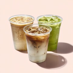 Three iced coffee drinks, light beige, green, and light brown, in clear plastic cups, on a soft pink background