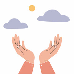 Hands reaching out towards clouds and sun in simple illustration  