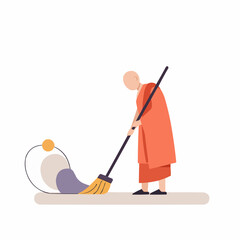 Monk sweeping floor with broom in minimalist, modern style  