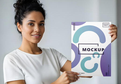 Woman Holding Paper Sheet Poster Mockup