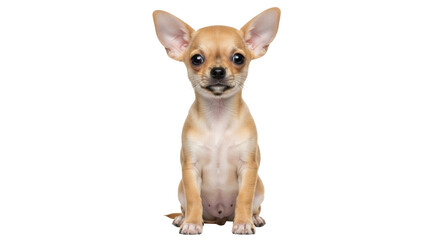 Isolated tiny brown Chihuahua puppy sits with big ears looking at the viewer attentively