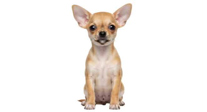Isolated tiny brown Chihuahua puppy sits with big ears looking at the viewer attentively