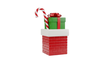 Isolated Christmas chimney with gift and candy cane decoration for a festive holiday season